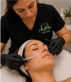 Dermaplaning blade technique on client skin