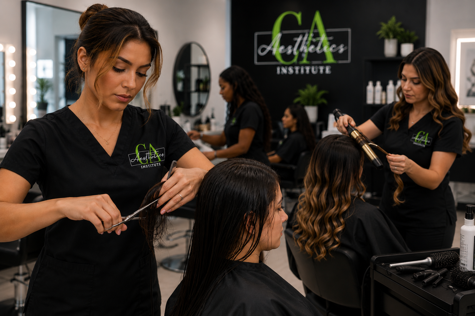 Cosmetology student styling hair in salon