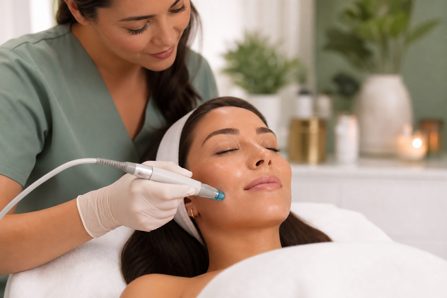 Client receiving a HydraFacial treatment at a luxury medical spa
