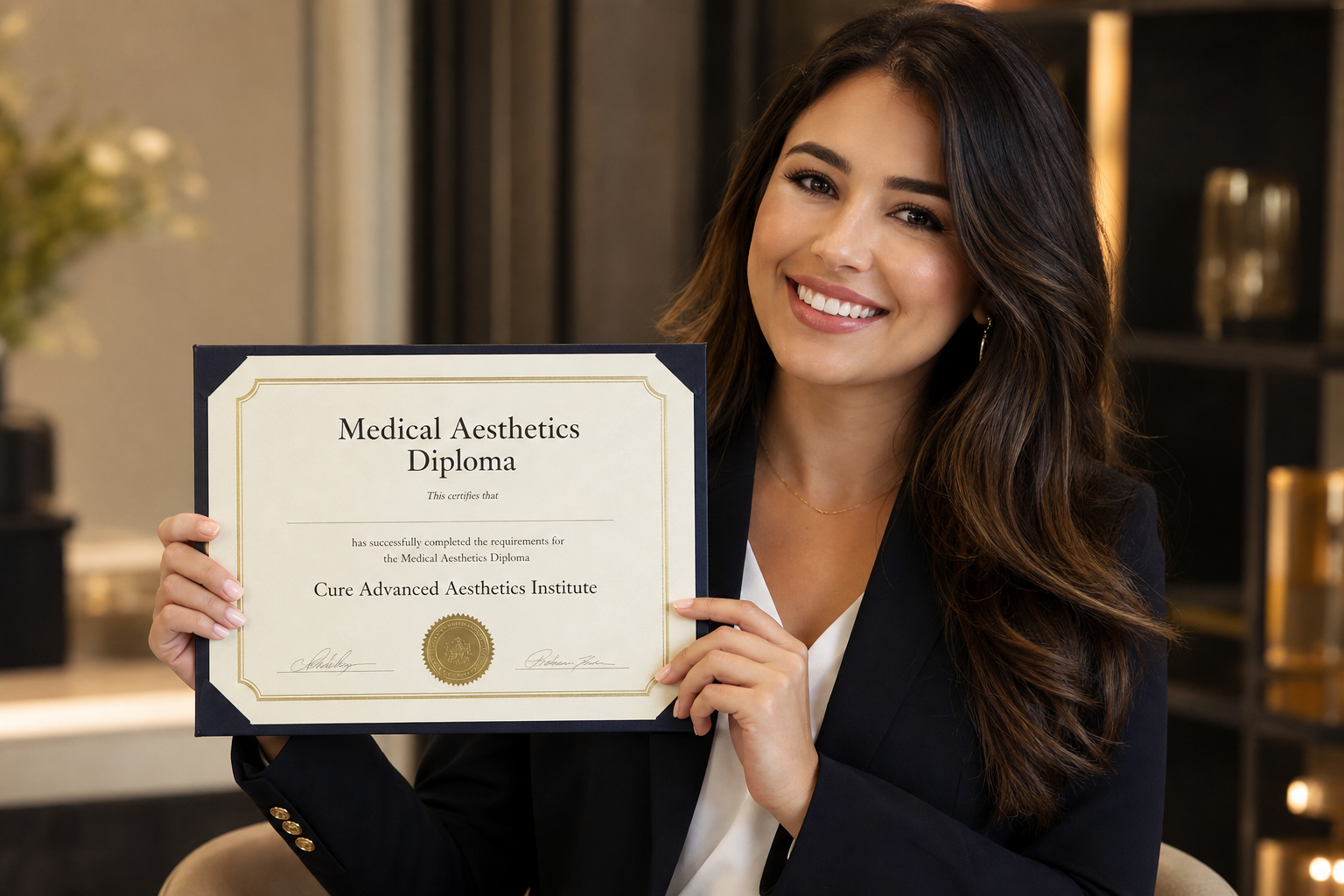 Proud Cure Advanced Aesthetics Institute graduate holding her Medical Aesthetics Diploma